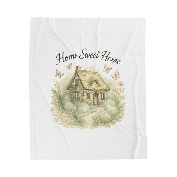 Cottagecore Plush Blanket | Watercolor Home Sweet Home Illustration