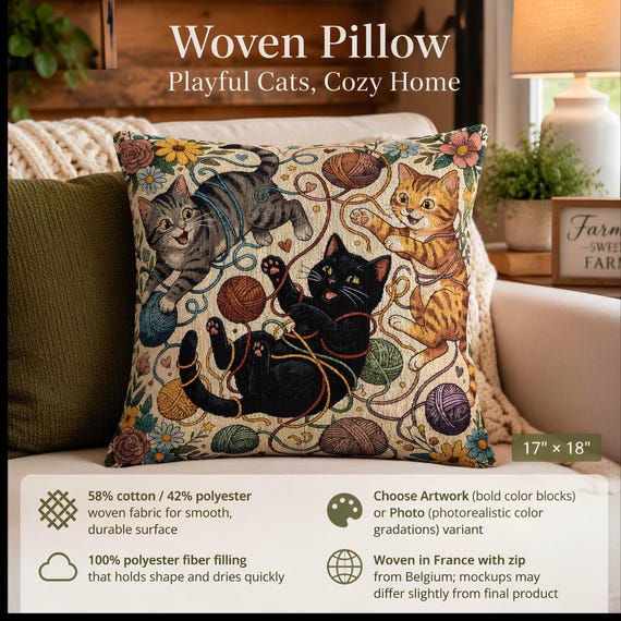Playful Cats Woven Pillow | Double-Sided Tapestry  Throw