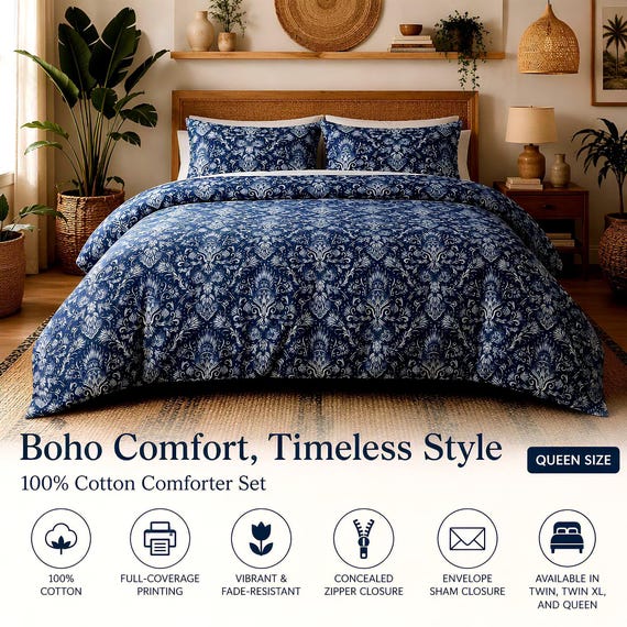 Cotton Bed Set, Navy Damask Duvet Cover with Envelope-Backed Shams