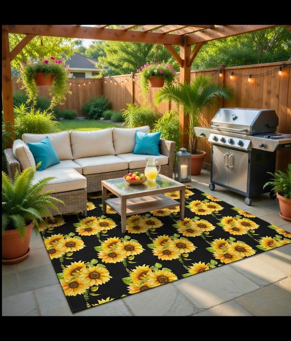 Sunflower Bouquet Boho Outdoor Rug | Black Floral Patio Mat