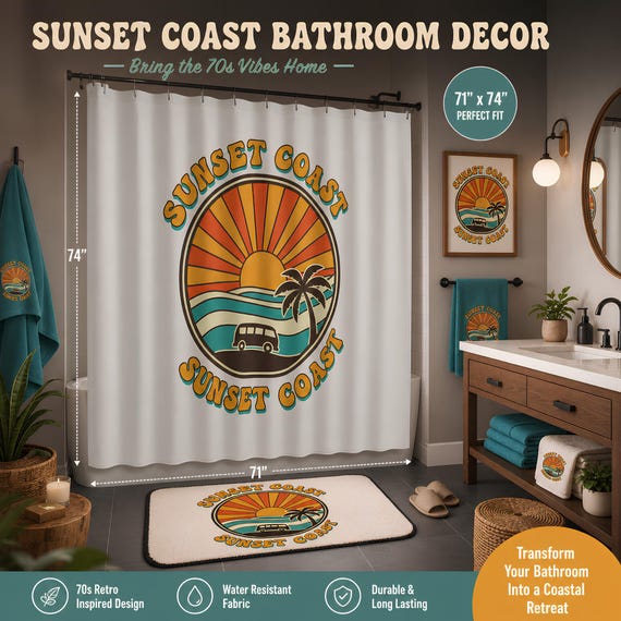Retro Sunset Coast Van Palm Tree Shower Curtain | Beach Surf Bathroom, 71 x 74