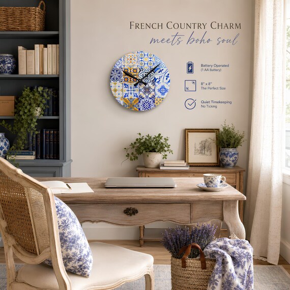Blue Boho Toile Wall Clock | Cottagecore Acrylic Clock