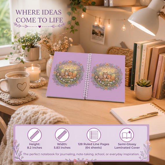 Sleeping Fox Family Spiral Notebook with Floral Mushrooms Design