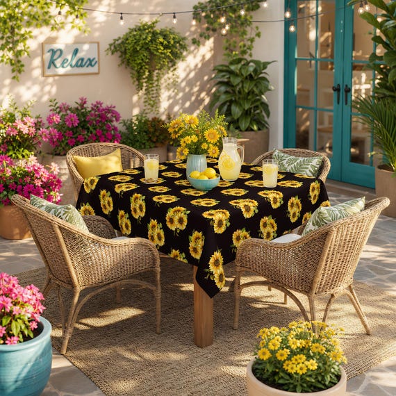 Sunflower Bouquet Tablecloth, Yellow Floral Table Linen | Spring Summer Home Decor