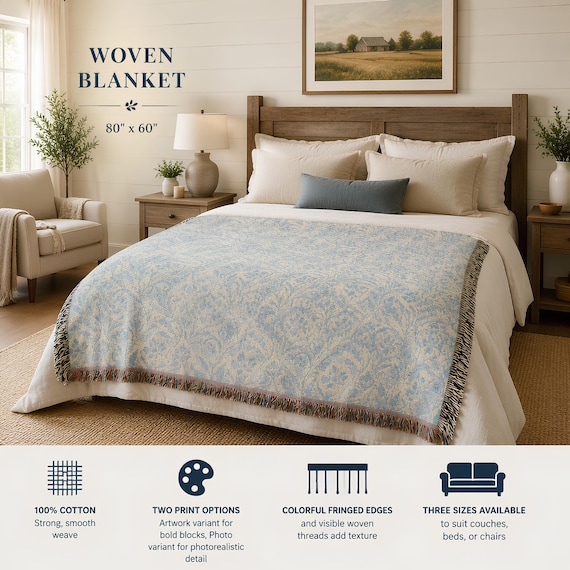 Blue Floral Pattern Woven Blanket |Boho and Cottagecore Throw