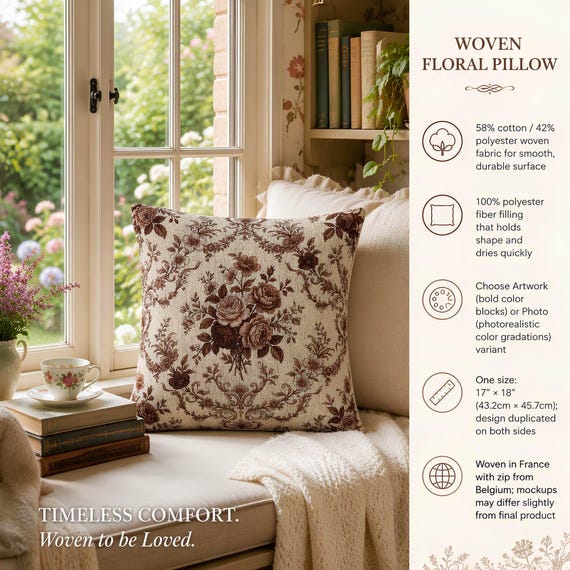 Woven Pillow, Vintage Floral Tapestry | 58% Cotton Blend, 17 × 18