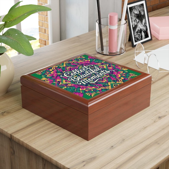 Floral Mandala Keepsake Jewelry Box | Rubberwood, Felt Lined, Dual Hinges
