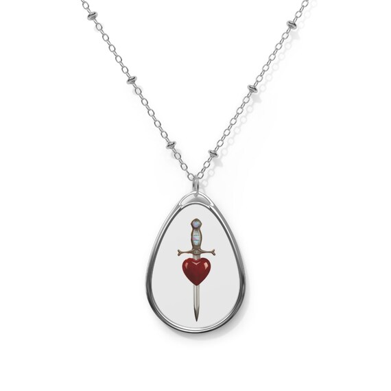 Heart Dagger Illustration Oval Necklace | Stainless Steel Pendant