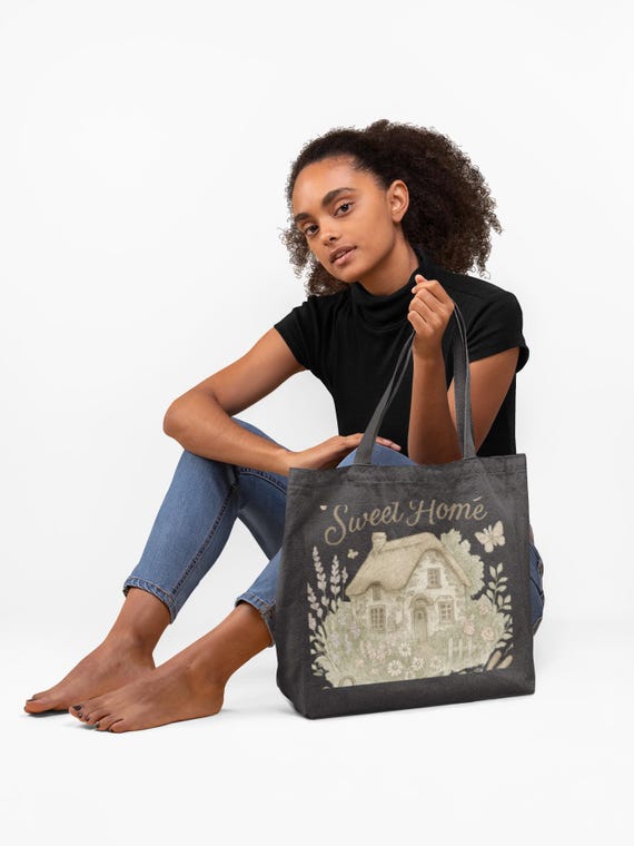 Cottagecore Canvas Tote Bag | Home Sweet Home Graphic