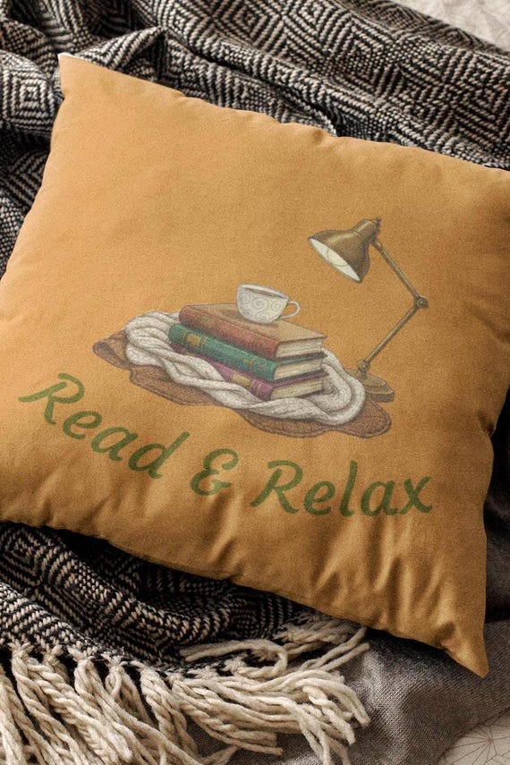 Read & Relax stack of books pillow | Cozy reading nook decor