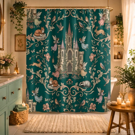 Fairy Castle Curtain, Teal Shower with Whimsical Woodland Creatures