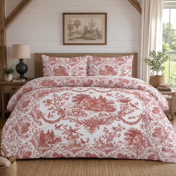 Cottagecore Bed, 100% Cotton Toile Bedding In Warm Terracotta