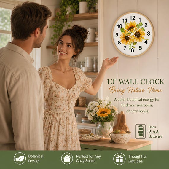 Sunflower Bouquet Wall Clock, Wooden Frame, Botanical Kitchen Decor