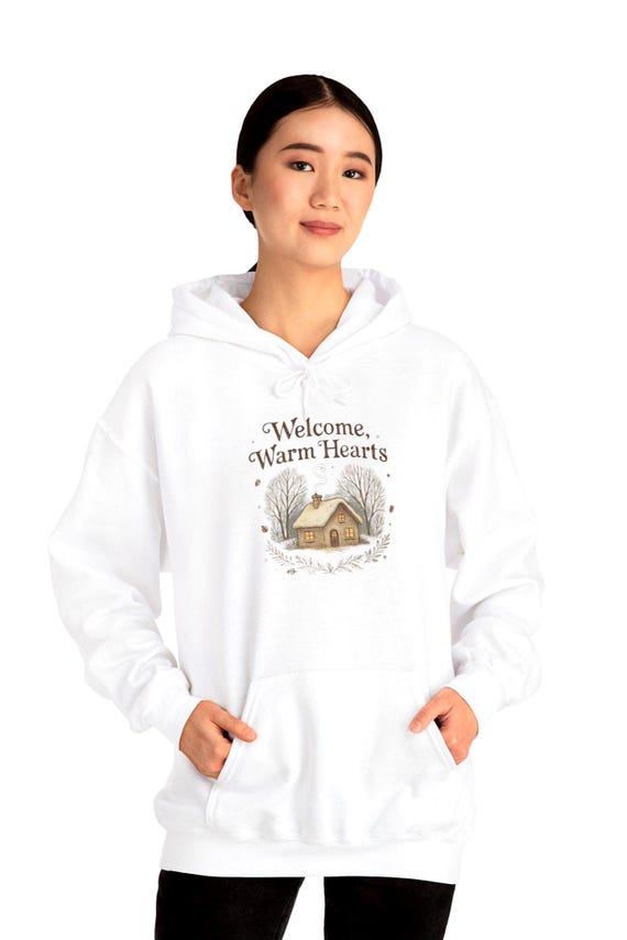 Welcome Warm Hearts cottage illustration Hoodie | cozy cabin winter design