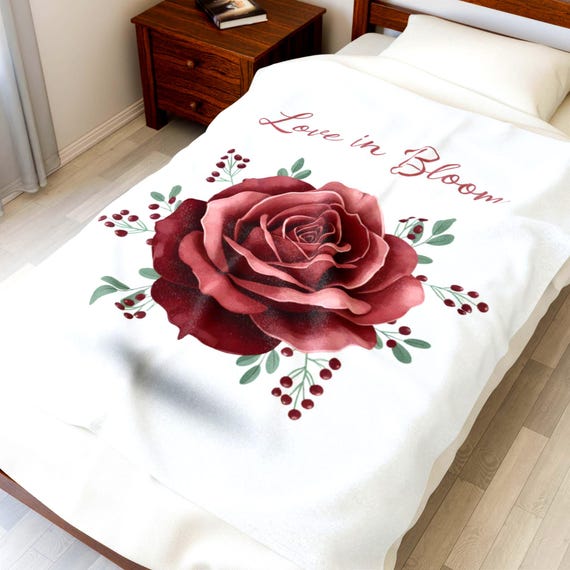 Berry Rose Velveteen Plush Blanket | Floral Illustration