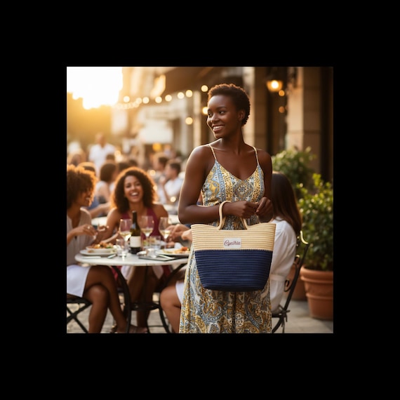 Personalized Navy Handwoven Straw Tote Bag – Coastal Nautical Style