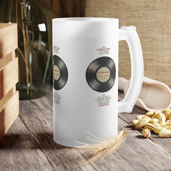Vinyl Record Tracklist Frosted Glass Beer Mug | Retro Music Barware
