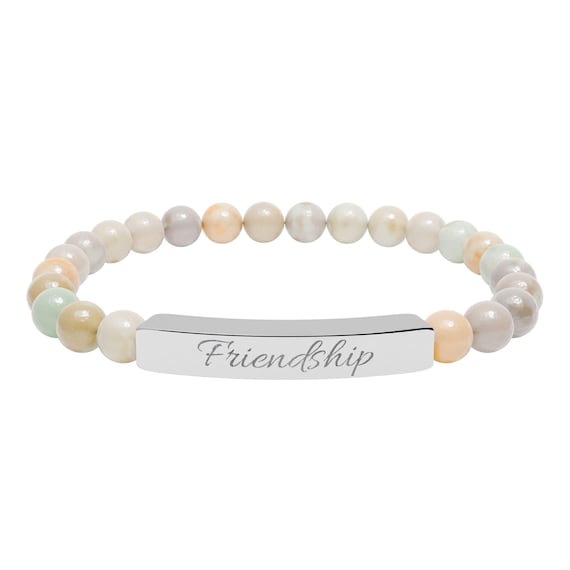 Bead Bracelet, Engraved Friendship Natural Stone Stretch Bar Bracelet, Personalized Boho Jewelry