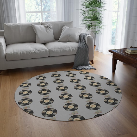 Retro Vinyl Record Pattern Round Rug | Music Lovers Floor Mat, Man Cave