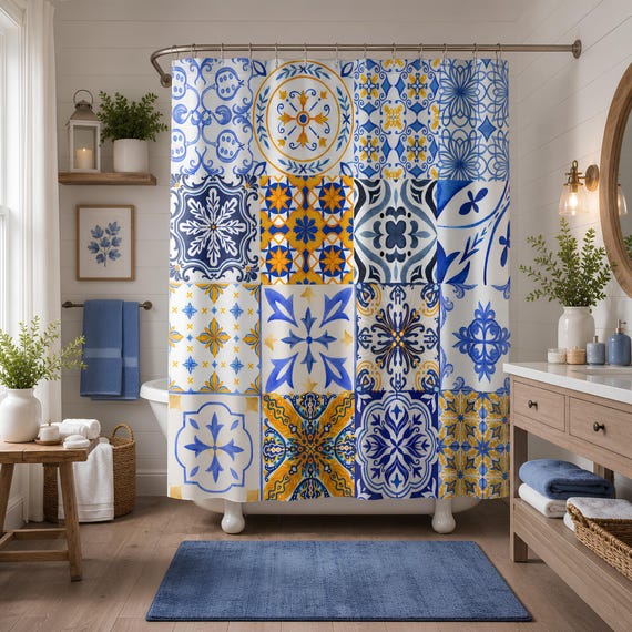Boho Shower Curtain in Blue Yellow Toile Print, 71x74 Bathroom Decor
