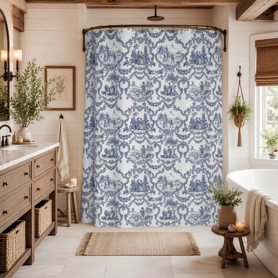 Toile Shower Curtain with Vintage French Damask Pattern