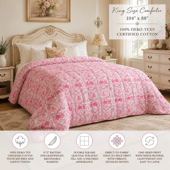 Floral Comforter, Pink Damask 100% Cotton Quilted Bedding | 4 Sizes