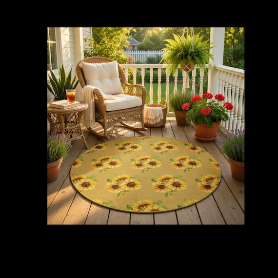 Sunflower Floral Round Rug | Yellow flower decor