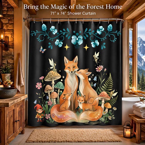 Woodland Shower Curtain with Fox Family and Fairy Mushrooms