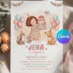 May include: A birthday invitation card featuring a cartoon illustration of a child holding a strawberry cake, surrounded by a cat, a mouse, and a dog, all wearing party hats. Balloons, flowers, and the text JENA IS TURNING 5 are printed on the card.