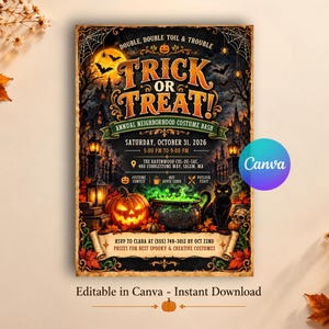 May include: A rectangular Halloween party invitation flyer featuring the text Trick or Treat! Annual Neighborhood Costume Bash. The design includes a glowing orange pumpkin, a black cat, a bubbling green cauldron, and a haunted house silhouette.