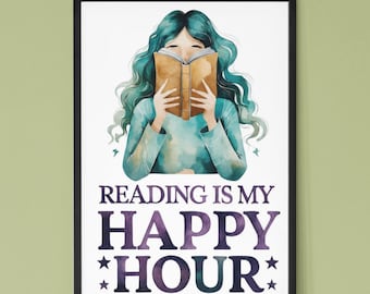 Happy Hour Reader Art Print: Teal Cozy Watercolor Book Lover Wall Art