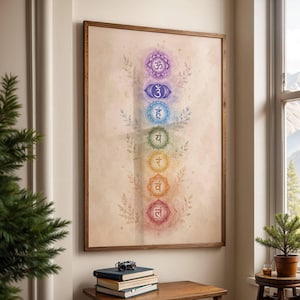 Könnte beinhalten: Ein vertikaler Wandkunstdruck in einem Holzrahmen mit sieben gestapelten Chakra-Symbolen im Aquarellstil, die von Violett oben bis Rot unten reichen, vor einem hellbeigen Hintergrund mit zarten Blattillustrationen.