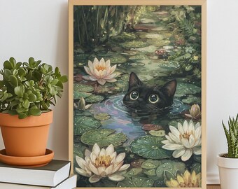 Whimsical Cat Pond Art Print: Green Calm Lily Water Garden Scene