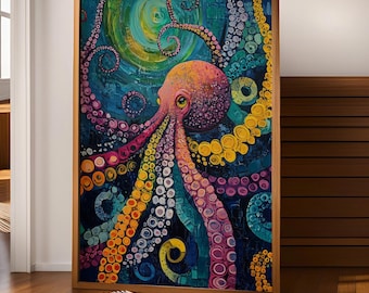 Contemporary Abstract Octopus Art Print: Vibrant Playful Ocean Dreamscape