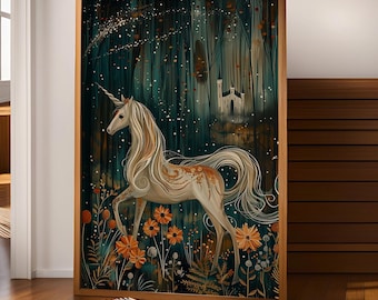Fantasy Unicorn Art Print: Emerald Forest Gold Floral Scene