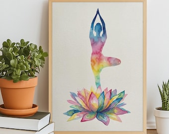 Watercolour Yoga Silhouette Art Print: Rainbow Calm Lotus Meditation Scene