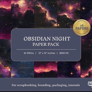 Obsidian Night Galaxy digitaal papierpakket voor scrapbookers knutselaars en kunstenaars Kosmische paarse sterachtergronden voor creatieve projecten