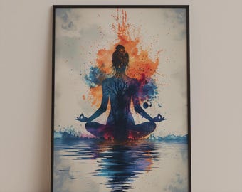 Abstract Watercolor Meditation Art Print: Colorful Zen Silhouette Reflection Scene