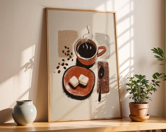 Retro Coffee Flat Lay Art Print: Warm Brown Minimalist Sugar Cube Scene