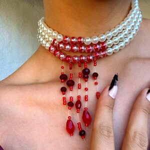 Halloween Pearl Choker – Gothic Vampire Necklace, Red Beaded Jewelry