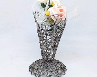 Vintage Filigree Vase or Napkin Holder – Handcrafted Decorative Metal