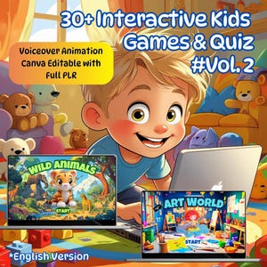 30 Kids Interactive Quiz Games w/ Voiceover & Animation Volume 2 | Canva Editable Templates for Custom | PLR Licensed | Private Label Rights