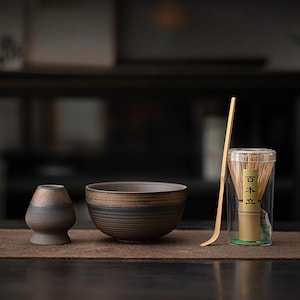 Handmade Ceramic Matcha Bowl Set: Bamboo Whisk, Chasen Holder