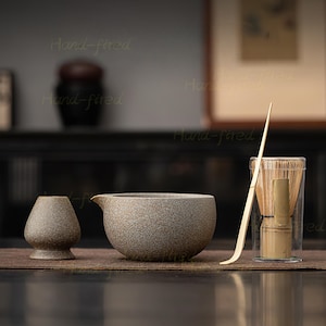 Handmade Ceramic Matcha Bowl Set: Bamboo Whisk, Chasen Holder, Gift Set