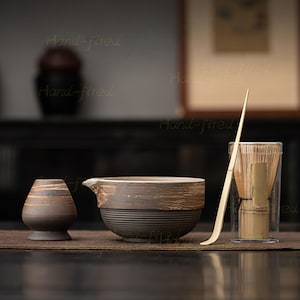Handmade Ceramic Matcha Bowl Set: Bamboo Whisk, Chasen Holder, Gift Set