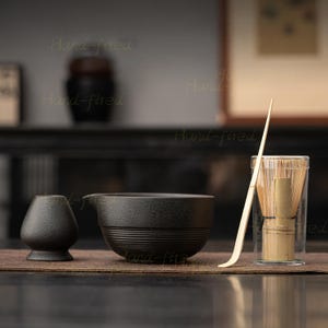 Handmade Ceramic Matcha Bowl Set: Bamboo Whisk, Chasen Holder, Gift Set