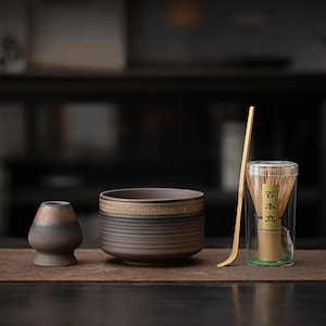Handmade Ceramic Matcha Bowl Set with Bamboo Whisk & Holder