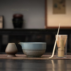 Handmade Ceramic Matcha Bowl Set: Bamboo Whisk, Chasen Holder, Gift Set