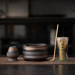 Handmade Ceramic Matcha Bowl Set: Bamboo Whisk, Chasen Holder, Gift Set