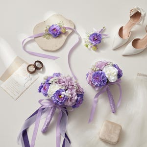 Purple Rose Bridal Bouquet: Lilac, White Silk Wedding Flowers